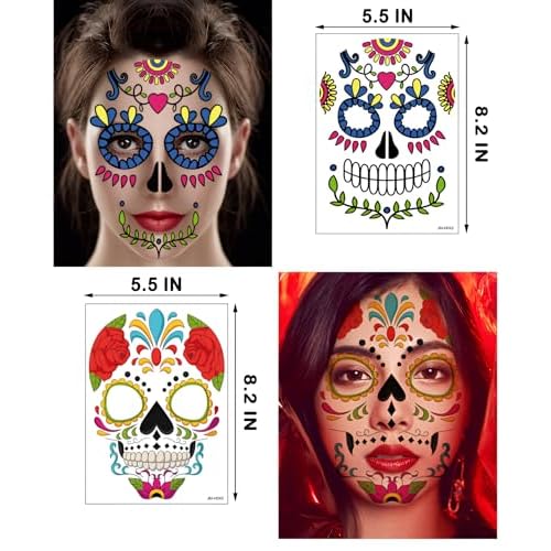 9-Pack Day of the Died Skeleton Face Temporary Tattoo Stickers ? Perfect for Halloween, D?a de los Muertos, and Cosplay for Adults and Kids
