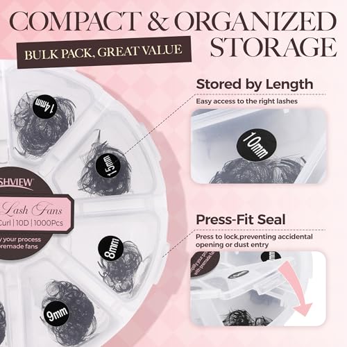 LASHVIEW 1000 Fans 10D Premade Volume Eyelash Extensions Mixed Tray Premade Fans Eyelash Extensions D Curl Premade Lash Fans Pointed Handmade Promade Loose Fans Thin Base (10D-0.07D,8-15mm)