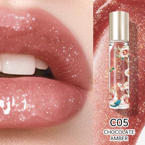 CATKIN Lip Plumper Gloss, Tinted Lip Serum with Hyaluronic Acid & Jojoba Oil, Non-sticky Volumizing Hydrating Formula for a High Shine Maximum 3D Look, Plump & Soft Lips 0.12 Fl Oz-C05 Chocolate Amber