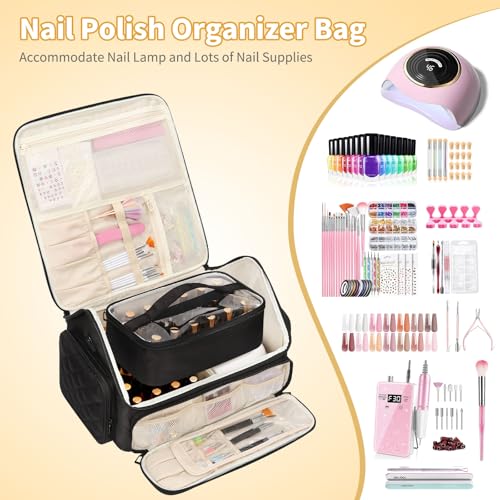 Nail Polish Organizer, Nail Organizers and Storage Bag Holds 43-65 Bottles Nail Polish and Nail Lamp, Travel Nail Tech Case Nail Bag Organizer Case for Nail Supplies & Manicure Tools, Black