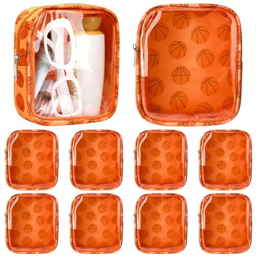 10 Pcs Basketball Clear Makeup Bag Basketball Sport Cosmetic Snack Goodie Bag with Zipper Handle PVC Pouch Waterproof Travel Toiletry Handbag Accessories for Woman Friends Birthday Team Gift