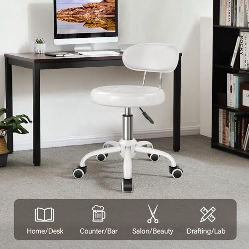 Rolling Stool with Wheels Swivel Stool with Back Height Adjustable Chair PU Leather Rolling Chair Ideal for SPA Salon Home Office Drafting Work (White)