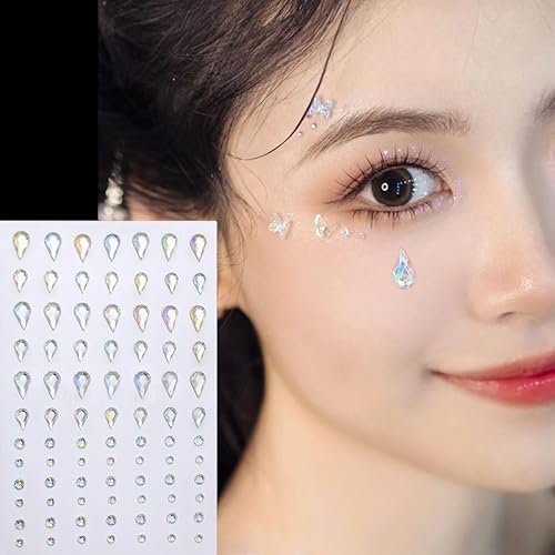 Face Gems Self-Adhesive Water Drop Rhinestone Jewels Stickers for Makeup, Teardrop Stick-on Pearls Hair Gems for Women Festival, Hair, Eye, Nail, Body Decorations Accessory
