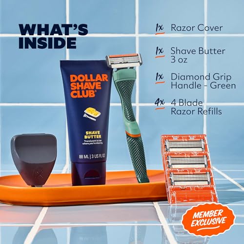 Dollar Shave Club | The Member Exclusive Shave Set | 4 Swift Rinse Refill Cartridges, 1 Handle (Green), 1 Shave Butter 3 ounce, 1 Razor Cover, Razors for Men