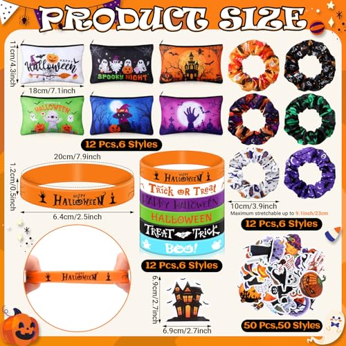Capoda 86 Pcs Halloween Party Set Horror Gifts Bulk Include 12 Makeup Bags 12 Silicone Bracelets 12 Hair Scrunchies 50 Stickers for Women Classroom Office Birthday Party Supplies