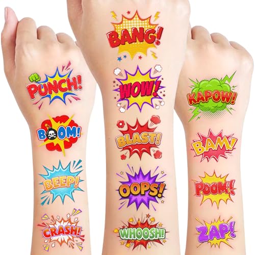 96PCS Hero Temporary Tattoos Sticker For Kids - Hero Themed Birthday Party Favors Birthday Party Decorations Accessories Pow Wow Bang Boom Omg Gift Idea For Kids Teen Adult Classroom Prizes Rewards