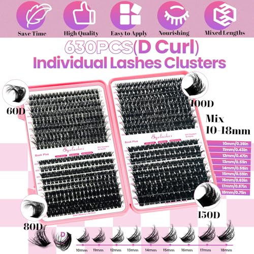 DIY Lash Clusters Kit with 630pcs Lashes Clusters,1X/2X Magnification Compact Mirror with Light,Lash Bond and Seal,Eyelash Remover Tweezers Applicator Mascara Brush(60-80-100-150D)