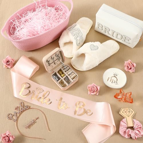Baderke 17 Pcs Bride to Be Gift Basket for Bridal Shower, Bridal Box with Basket, Makeup Bag, Slippers, Headband, Sash, Mrs Ring Dish, Jewelry Box and More for Wedding Engagement Gift(Pink)