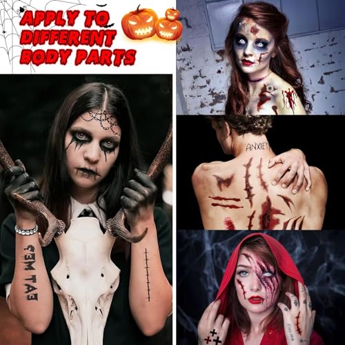 12 Sheets Fake Scars Tattoo Temporary Halloween Makeup Kit, Realistic Halloween zombie makeup Fake Bloody Wound Stitch Scar Tatoos Halloween Masquerade Prank Makeup Props