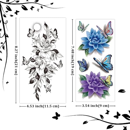 Cerlaza Temporary Tattoos for Women, Fake Flower Tattoos Stickers for Adults, Semi Permanent Half Sleeve Tattoo Body Leg Makeup Waterproof, Flower 3D Butterflies Tatuajes Temporales-12 Sheets