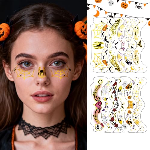 Halloween Face Tattoos - 12PCS Waterproof Temporary Tattoos,Body Art Stickers for Women Kids, Long Lasting Halloween Makeup Festival Accessories
