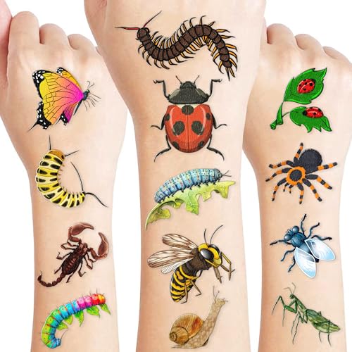Bug Temporary Tattoos Party Favors 96 PCS Bees, Spiders, Beetles, Caterpillar, Ladybug Themed Stickers for Kids Birthday Party Supplies, Decorations, Favors, and Prizes - Cute Gifts for Boys