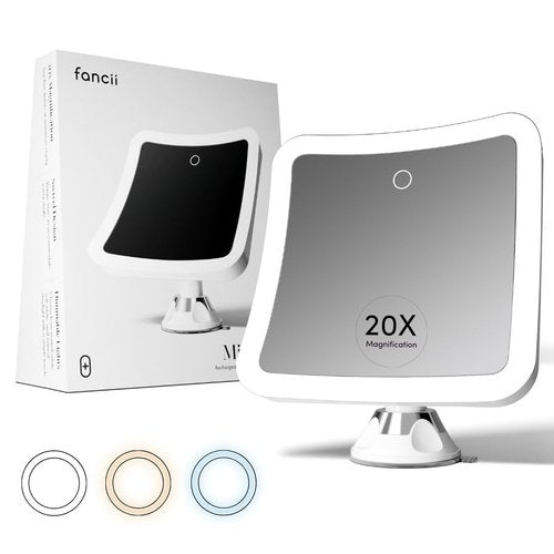 Fancii 20x Magnifying Makeup Mirror with LED Lights, Rechargeable, High Zoom | 7-inch Large Lighted Travel Mirror for Vanity and Bathroom, Dimmable, 3 Light Settings, Strong Suction, 360° Rotation