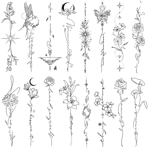 Temporary Tattoos for Women Girls - 45 Pcs Line Flower Words Sketch Realistic Long Last Fake Tattoos Waterproof Minimal Line Art Tattoos for Arm Backbone Leg Body