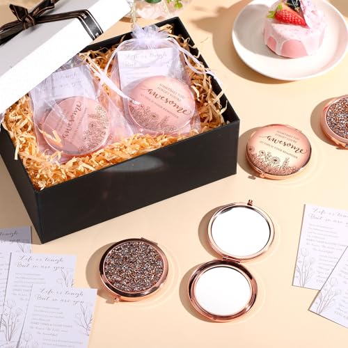 10 Sets Womens History Month Gift Bulk Inspirational Compact Mirror Makeup Rhinestone Purse Double Sided Folding Mirror with Gift Cards for International Women's Day Girls