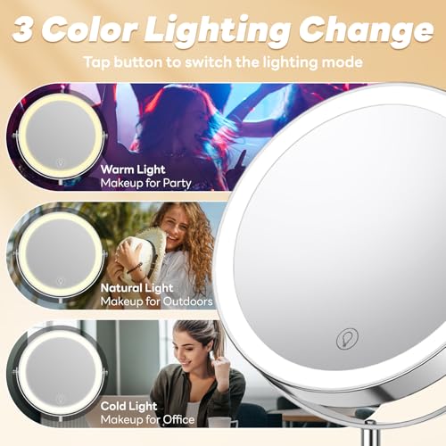 20X/1X Lighted Vanity Makeup Mirror, 3000mAh Rechargeable Height Adjustable Double Sided Magnifying Mirror, 3 Color Light, Brightness Adjustable, 360¡Æ Rotation, Women Gift