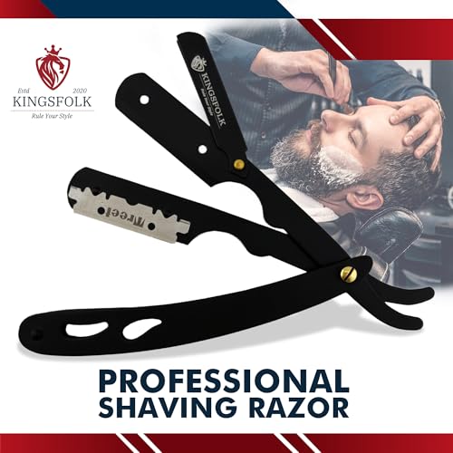 Professional Straight Razor Kit, Black Stainless Steel, with 100 Platinum Blades, Leather Pouch, Cleaning Cloth, Nitrile Gloves Ergonomic Design for Barbers and Home Grooming