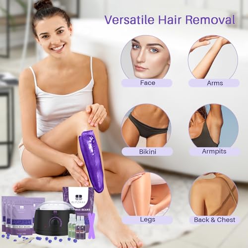 BLITZWAX Hair Removal Waxing Kit with 2.5lb Lavender Waxing Beads for Sensitive Face, Legs, and Body, 33pcs Accessories Ideal for Women Men at Home Salon, Beginner Friendly, Quick Heating