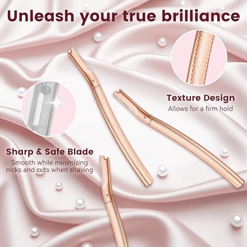 Eyebrow Razor-Face Razors for Women-Dermaplaning Tool for Face Exfoliation & Peach Fuzz with 12 Refill Blades-Facial Dermaplane Razors Shaver-Rose Gold