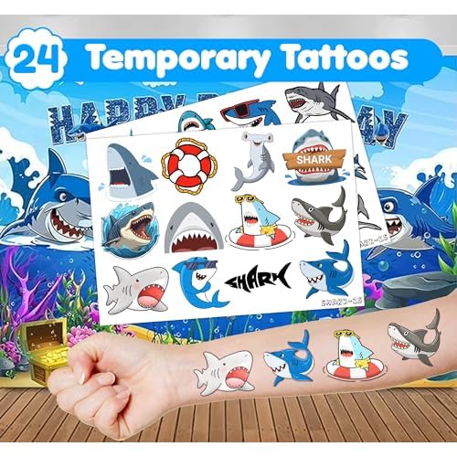 36PCS Shark Party Favors - 24PCS Temporary Tattoos & 12PCS Stamps - Ideal Beach Ocean Animal Themed Birthday Card Decorations Supplies Goodie Bag Cute Rewards for Boys Girls Classroom Gifts