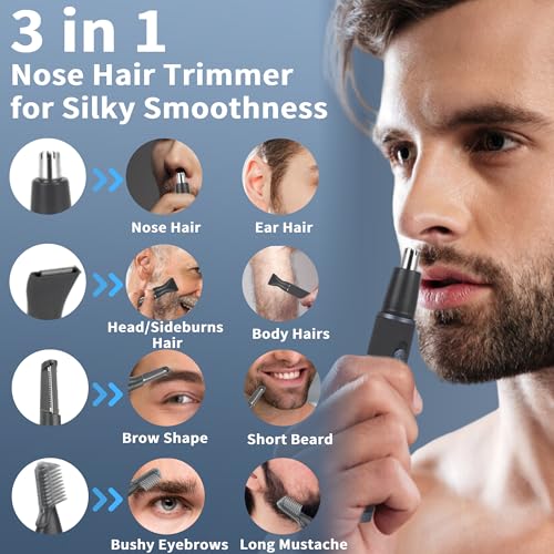 Nose Ear Hair Trimmer for Men, Rechargeable 3 in 1 Grooming Kit for Nose, Ear, Eyebrow & Body Hair, No Pull No Snag Painless Trimming with 3 Replacement Heads