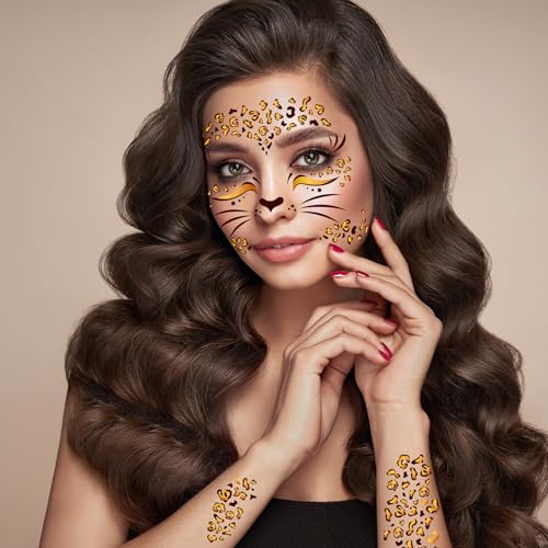 HOWAF 4 Sheets Leopard Face Tattoos, Cheetah Full Face Tattoos Stickers, Leopard Frint Temporary Tattoos for Carnival Party Halloween Costume Makeup Accessories, Cheetah Fake Tattoos Sheets
