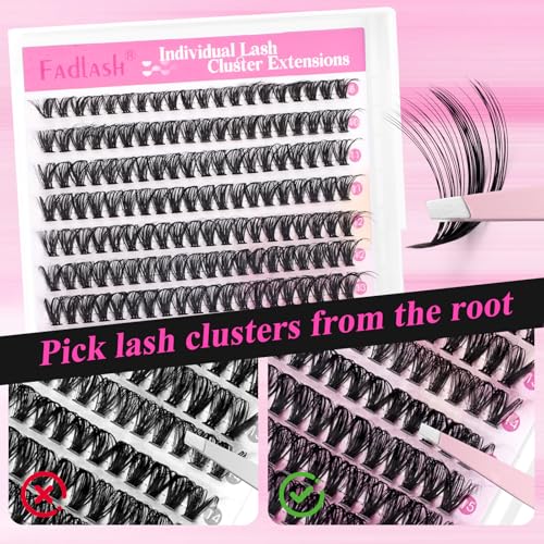 FADLASH Lash Clusters Kit 280PCS Individual Eyelash Clusters D Curl 8-16mm Eyelash Extension Kit with Lash Bond and Seal Lash Tweezer for Beginners (40D-0.07D-8-16mm KIT)