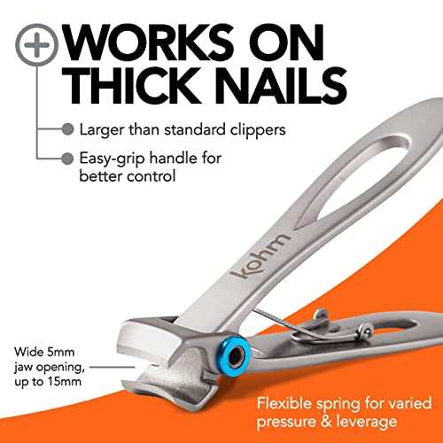 KOHM Nail Clippers for Thick Nails - Heavy Duty, Wide Mouth Professional Fingernail and Toenail Clippers for Men, Women & Seniors, Silver