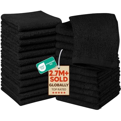 Utopia Towels 24 Pack Cotton Washcloths Set, 100% Ring Spun Cotton, Premium Quality Flannel Face Cloths, Highly Absorbent and Soft Feel Fingertip Towels, Black