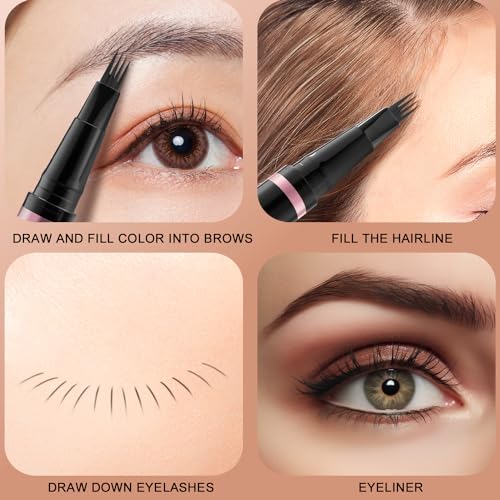 Eyebrow Pencil, 2-in-1 Waterproof Eyebrow Pen with 4 Tip Brow Pen and Ultra-Precise Brow Pencil, with Dual-ended Eyebrow Brush, Eyebrow Makeup for Natural Looking Eyebrows - Dark Brown