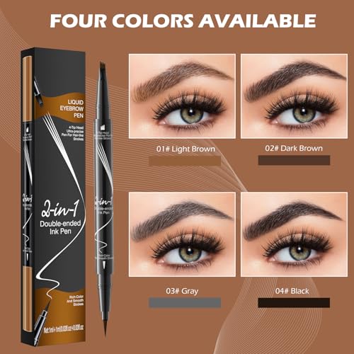 Microblading Eyebrow Pen, 2-In-1 Dual-Ended Waterproof Eyebrow Pencil with 4-Fork-Tip & Ultra-Precise Tip, and an Angled Eyebrow Brush, Eye Brow Pencils for Women -Dark Brown