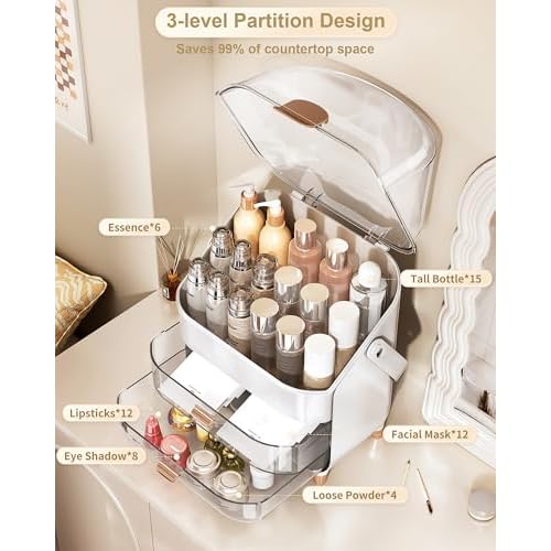 Makeup Organizer Countertop, Skincare Holder Bathroom Counter Organizer, Storage Box Cosmetic Display Cases, Teen Girl Gifts Make up Organizers for Vanity, Dresser (Rose Gold)