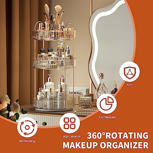YCIA&DONE Rotating Makeup Organizer for Vanity, Large Capacity Make Up Storage Skin care Shelf Perfume Holders Cosmetic Dresser Organizer Countertop Spinning 360 (White Clear, 3Tiers)
