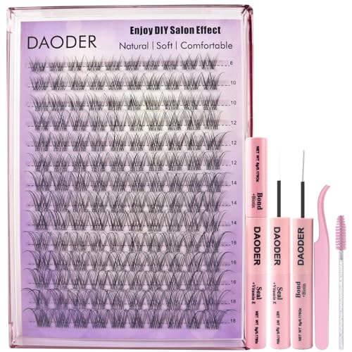 DAODER Natural Lash Clusters Kit Wispy Eyelash Clusters Lashes Invisible Clear Band 8-18MM Cluster Eyelash Extensions D Curl Individual Lashes With Lash Bond and Seal (8-18MM Natural Kit)