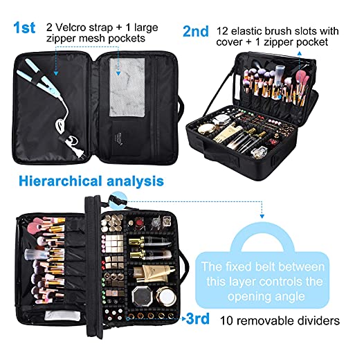 JOURMON Travel Makeup Train Case,Large Capacity Cosmetic Bags for Women,Portable Makeup Bag Organizer with Adjustable Dividers & Shoulder Strap (Black, L)
