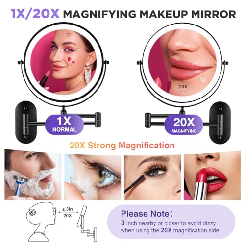 Wall Mounted Makeup Mirror: 1x/20X Magnifying Mirror with Light, 8.5" Double Sided Lighted Makeup Mirror with Magnification, Vanity Mirror for Bathroom, Brush Black