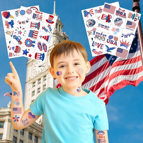 Fourth Of July Patriotic Temporary Tattoos - Memorial Day Decorations Party Favors 4th of July Decorations Party Supplies 4th of July Gift Patriotic Accessories Independence Day Red White Blue USA