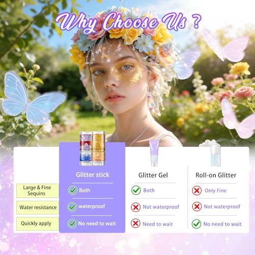 AROIC Body Glitter Stick - 6 Pack Mardi Gras Face & Hair Glitter with Chunky Sequins, Waterproof Sparkling Face Paint with Fruit Scent for Women Singer Festival Makeup Concert Party Rave Accessories