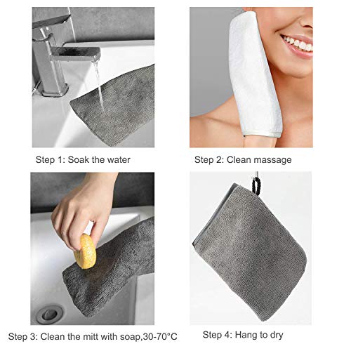 PHOGARY 10 Pack Microfiber Body Wash Mitts, Soft Face Mitten, Bath Spa Cloth, Reusable Makeup Remover Mitt Gloves, European Style Wash Cloth, 6¡¿8 inch, White and Grey