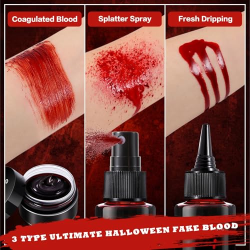 BOBISUKA 5PCS Halloween Fake Blood Kit ? Dripping Fresh Blood, Dark Spray Blood, Coagulated Gel, Cleansing Soap, Stipple Sponge ? Realistic Washable SFX Makeup for Zombie, Vampire Monster & Cosplay