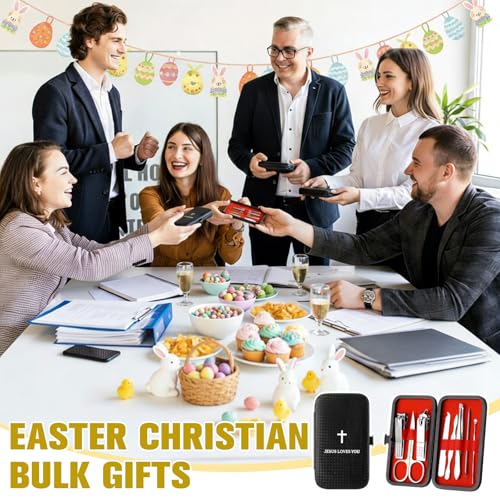 Yinkin 16 Pack Easter Christian Bulk Gifts Nail Clipper Set Jesus Loves You Manicure Set 8 in 1 Nail Pedicure Kit Basket Stuffers Fillers for Men Dad Husband Gifts Grooming Kits with Leather Case