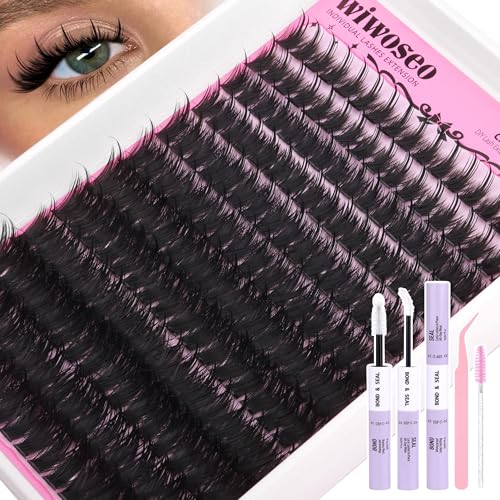 wiwoseo Fluffy Lash Clusters Kit Spikes Lashes Clusters Eyelash Extensions Kit Thick Volume Lash Extension Kit Cluster Lashes with Spikes 10-18MM Spiky Eyelash Clusters Kit Clear Lash Bond and Seal