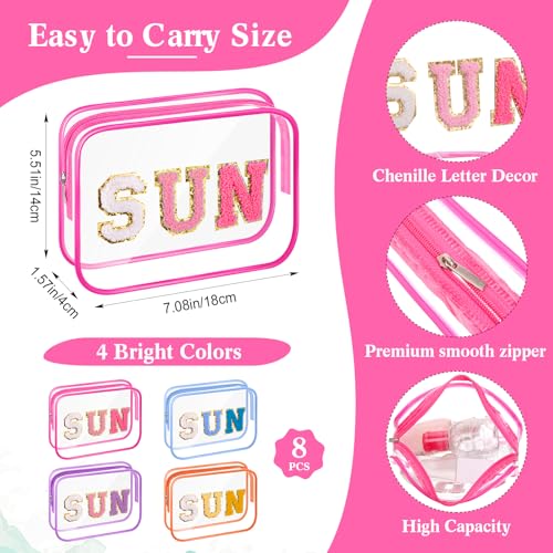 Kacctyen 8 Pcs Clear Sun Makeup Bag Bulk Summer Beach Sunscreen Pouch Waterproof Toiletry Cosmetic Zippered Organizer with Preppy Chenille Letter Patch for Women Girls Beach Pool Vacation Gift