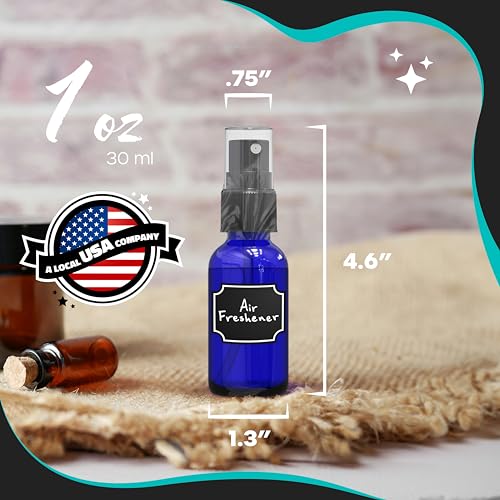 Nevlers 1 Oz Blue Glass Spray Bottles for Cleaning, Refreshment & More | Small Spray Bottle Travel Size 24 Pack w/Shrink Wrap, Funnel, Brush, Marker & Labels | Perfume Travel Refillable Containers