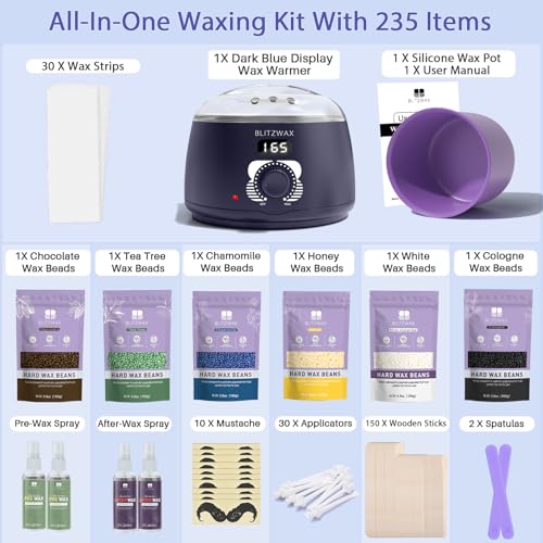 BLITZWAX Brazilian and Bikini Waxing Kit for Men With 120 Wooden Waxing Sticks and 30 Wax Papers, Hard Wax Warmer for Face, Legs, and Body, At Home Hair Removal Kit, Beginner Friendly