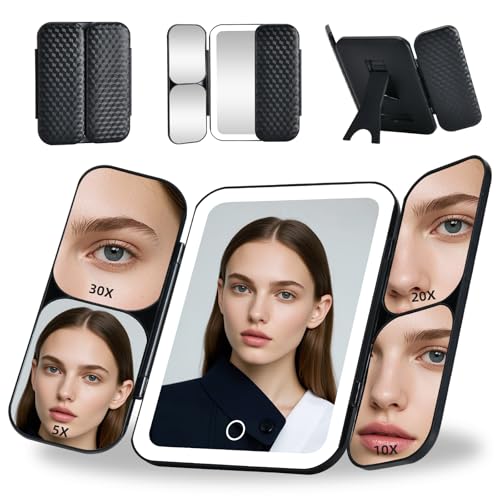 Tri-fold Vanity Mirror with Light,Rechargeable Travel Makeup Mirror with 5X/10X/20X/30X Magnifying Mirror,Touch Screen Dimming Light Up Vanity Mirrors for Travel Home,Black