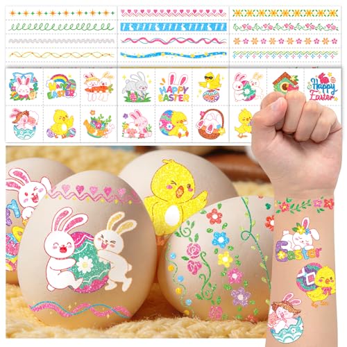 EMOME Glitter Easter Tattoos for Kids, 88 PCS Tattoo Stickers for Egg Decorating Kit, Eater Egg Fillers, Basket Stuffers, Party Favor Decoration, Kids Easter Crafts Game Activities Essentials