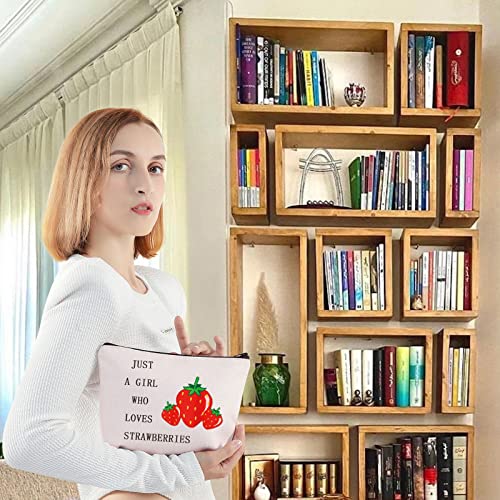 LEVLO Funny Strawberry Cosmetic Bag Fruit Lover Gift Just A Girl Who Loves Strawberries Makeup Zipper Pouch Bag Strawberry Lover Gift (Who Loves Strawberries)