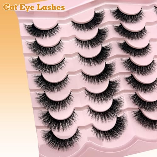 Cat Eye Lashes Natural Look Short Fluffy 16mm Faux Mink Full Strip Lashes Pack 3D C Curl Volume Fox Eye False Eyelashes 14 Pairs