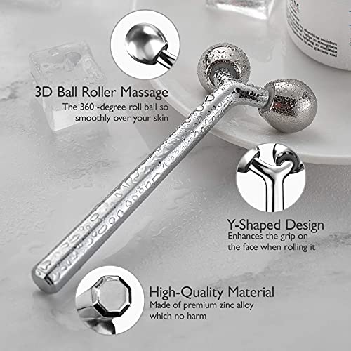 Tekson Faical Roller Massager and 3PCS Eye Roller Cream, 3D Metal Face Massage Tool for Reduce Puffines